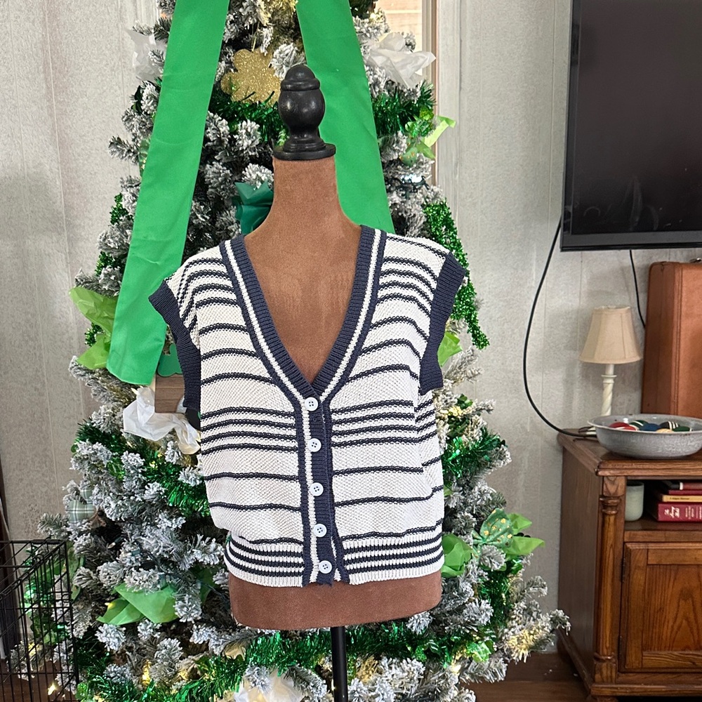 Striped Navy and White Knit Vest